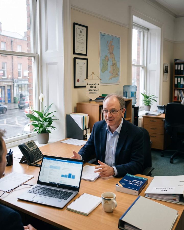 Insurance broker talking with a client at his desk in a naturally lit office